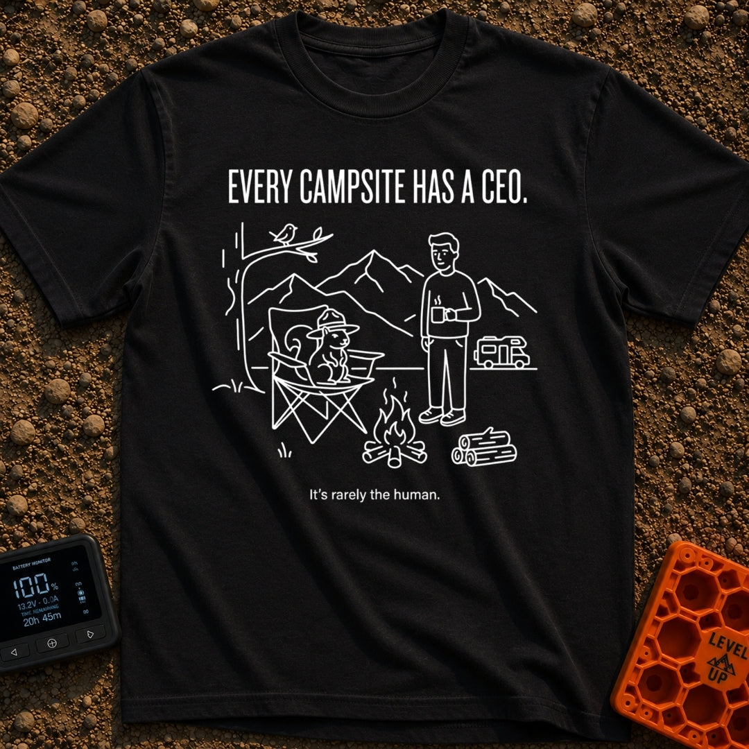Squirrel Camp Commander - T-Shirt in Black - A white line drawing on a black background showing a squirrel wearing a...