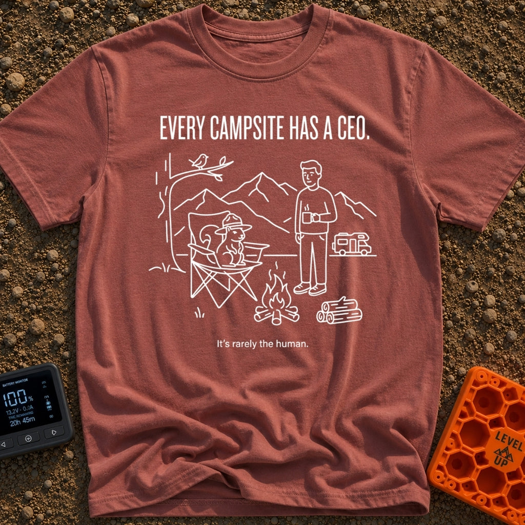 Squirrel Camp Commander - T-Shirt in Brick - A white line drawing on a black background showing a squirrel wearing a...