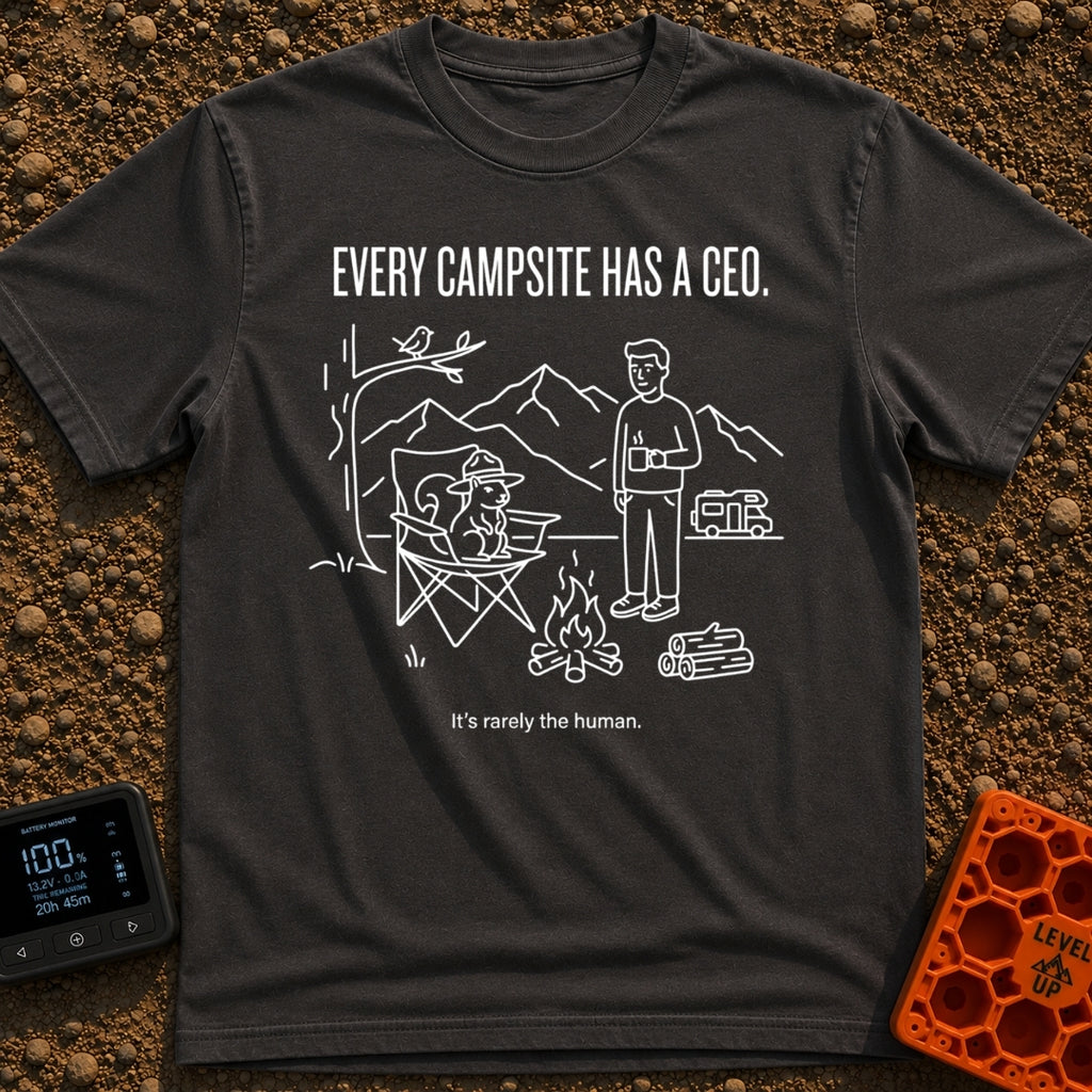 Squirrel Camp Commander - T-Shirt in Graphite - A white line drawing on a black background showing a squirrel wearing a...