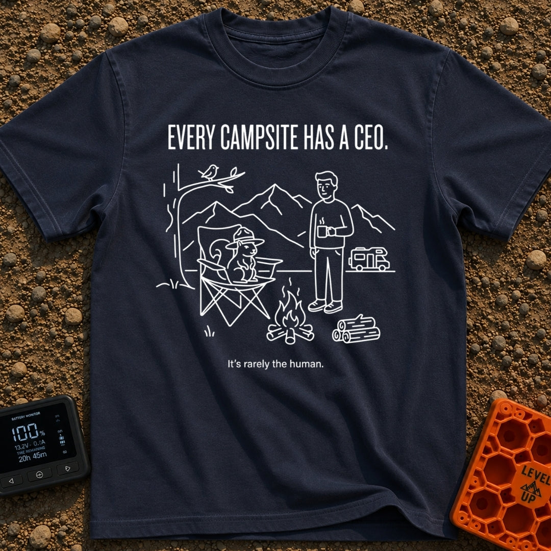 Squirrel Camp Commander - T-Shirt in Navy - A white line drawing on a black background showing a squirrel wearing a...