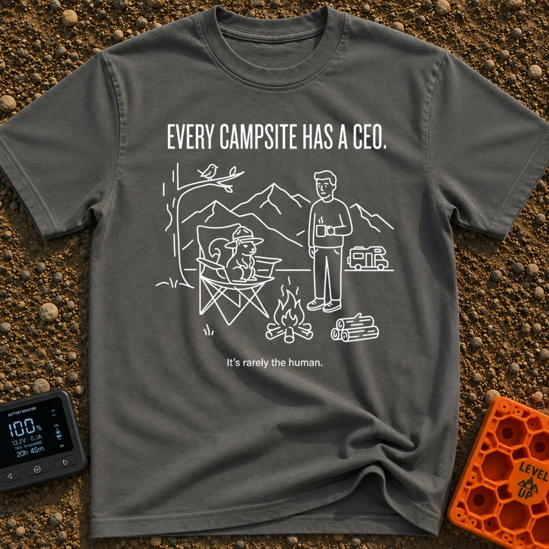 Squirrel Camp Commander - T-Shirt in Pepper - A white line drawing on a black background showing a squirrel wearing a...