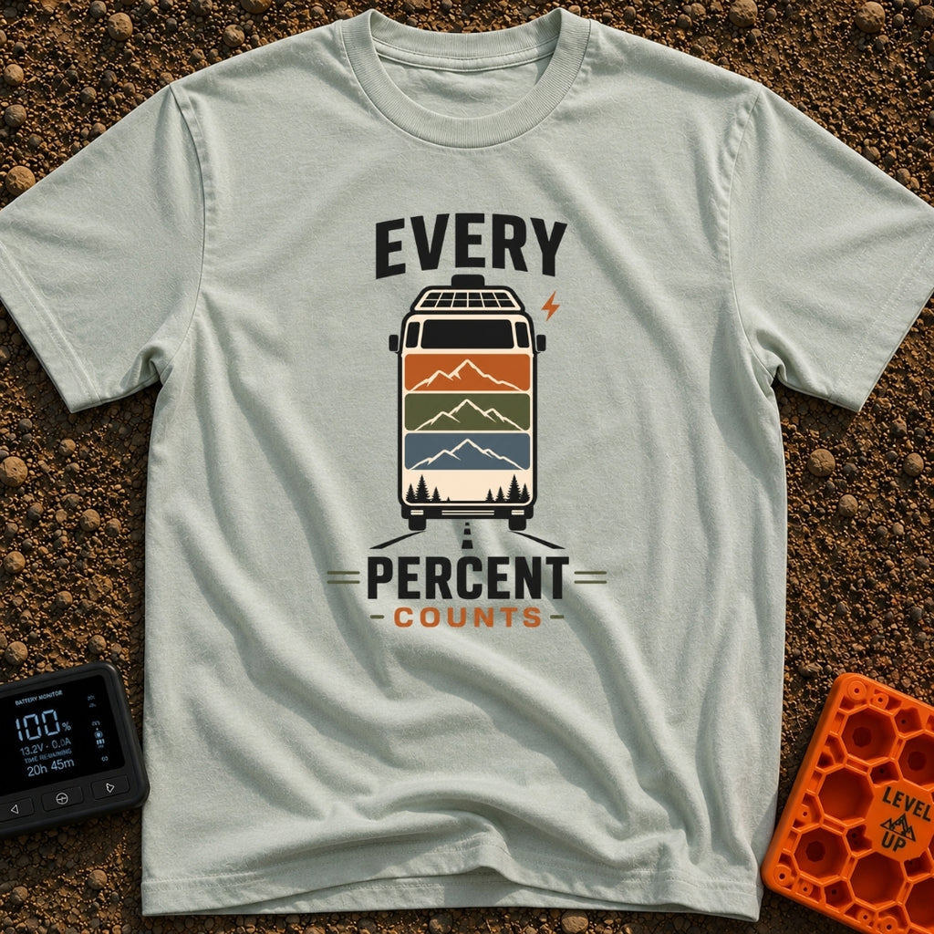 Every Watt Counts - T-Shirt in Bay - A front-facing van driving down a road, featuring solar panels on the roof and a...