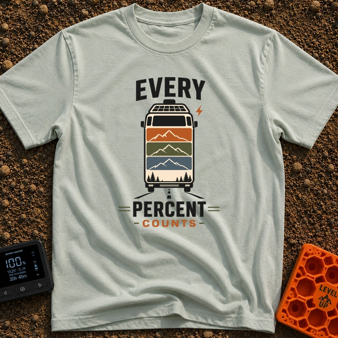Every Watt Counts - T-Shirt in Bay - A front-facing van driving down a road, featuring solar panels on the roof and a...