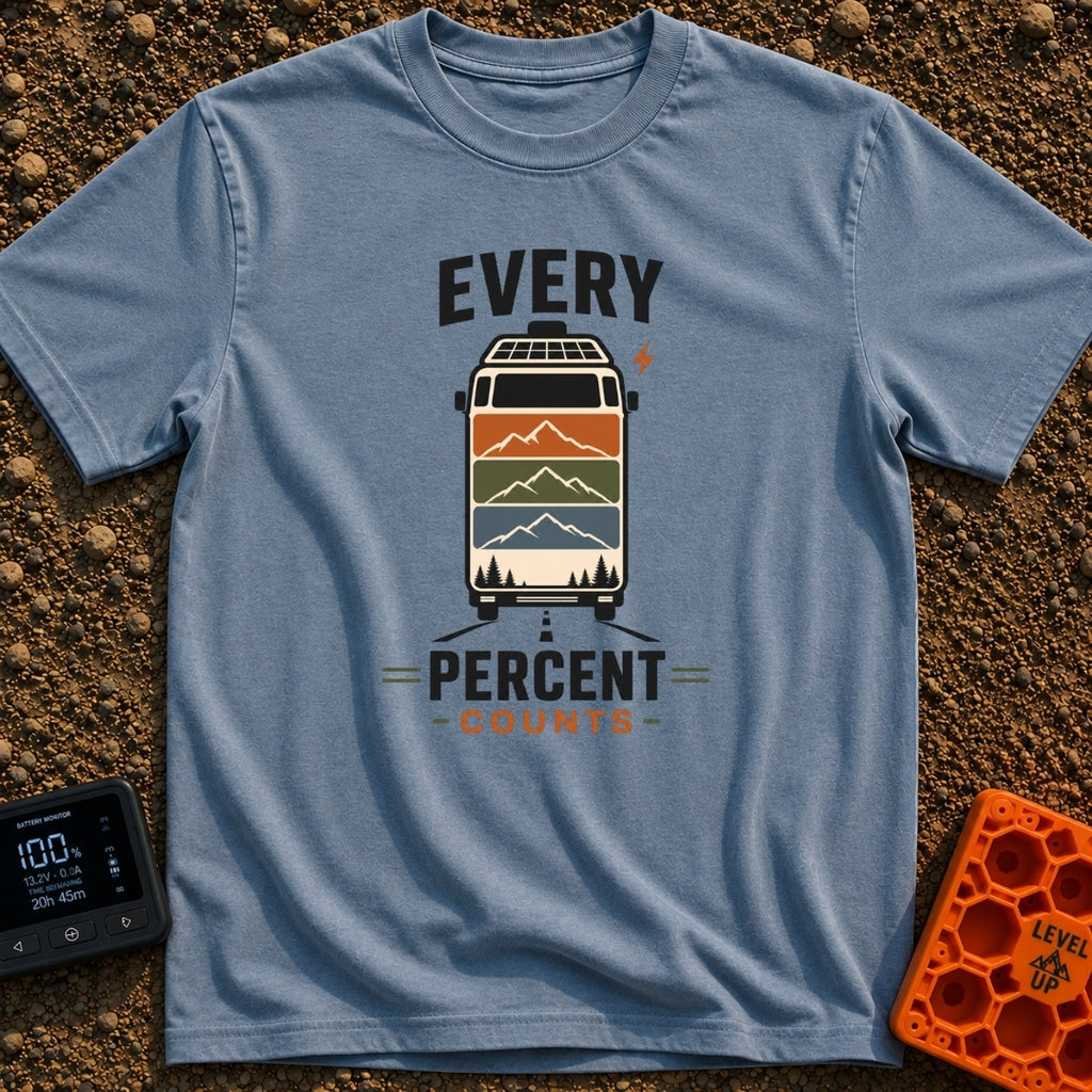 Every Watt Counts - T-Shirt in Blue Jean - A front-facing van driving down a road, featuring solar panels on the roof and...