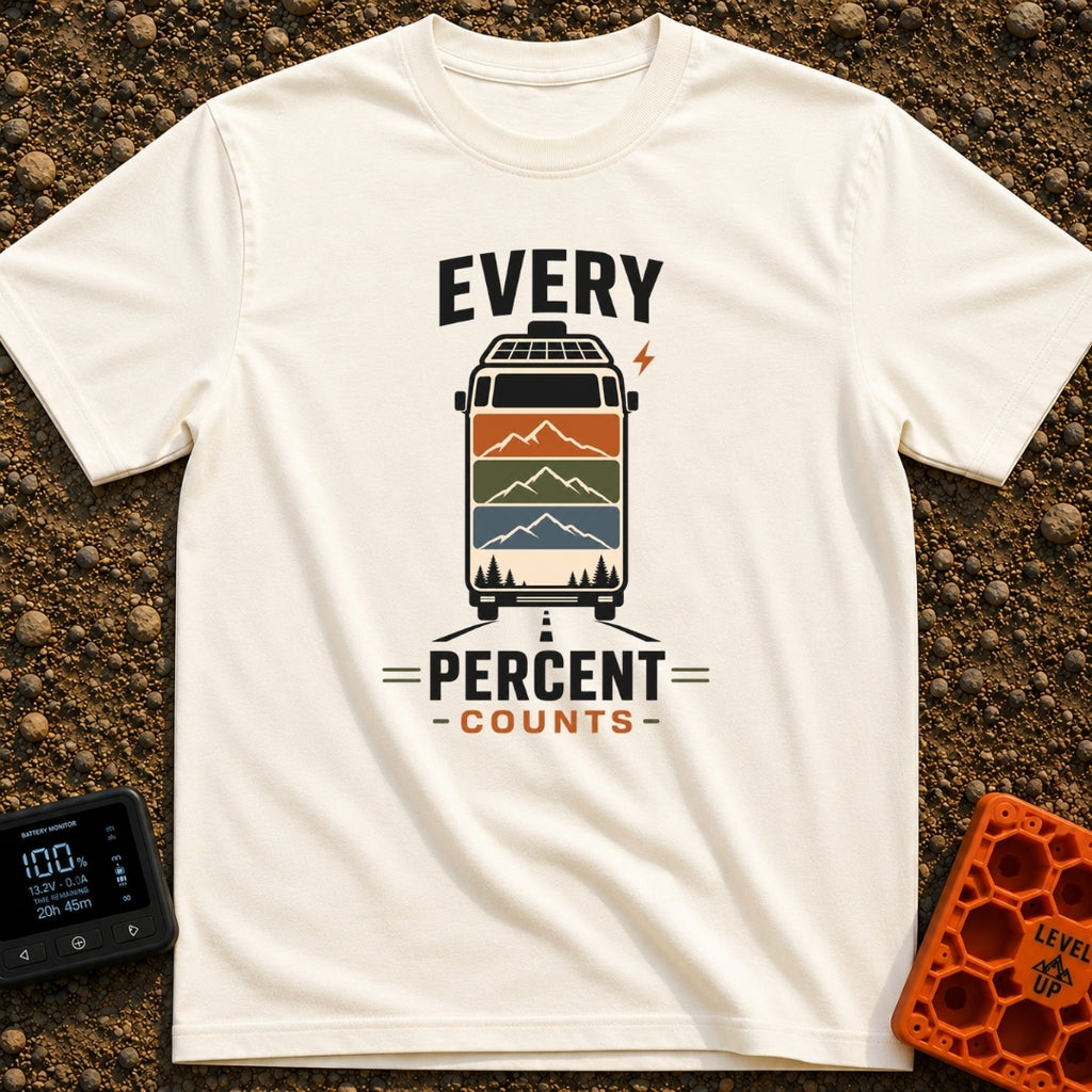 Every Watt Counts - T-Shirt in Ivory - A front-facing van driving down a road, featuring solar panels on the roof and a...