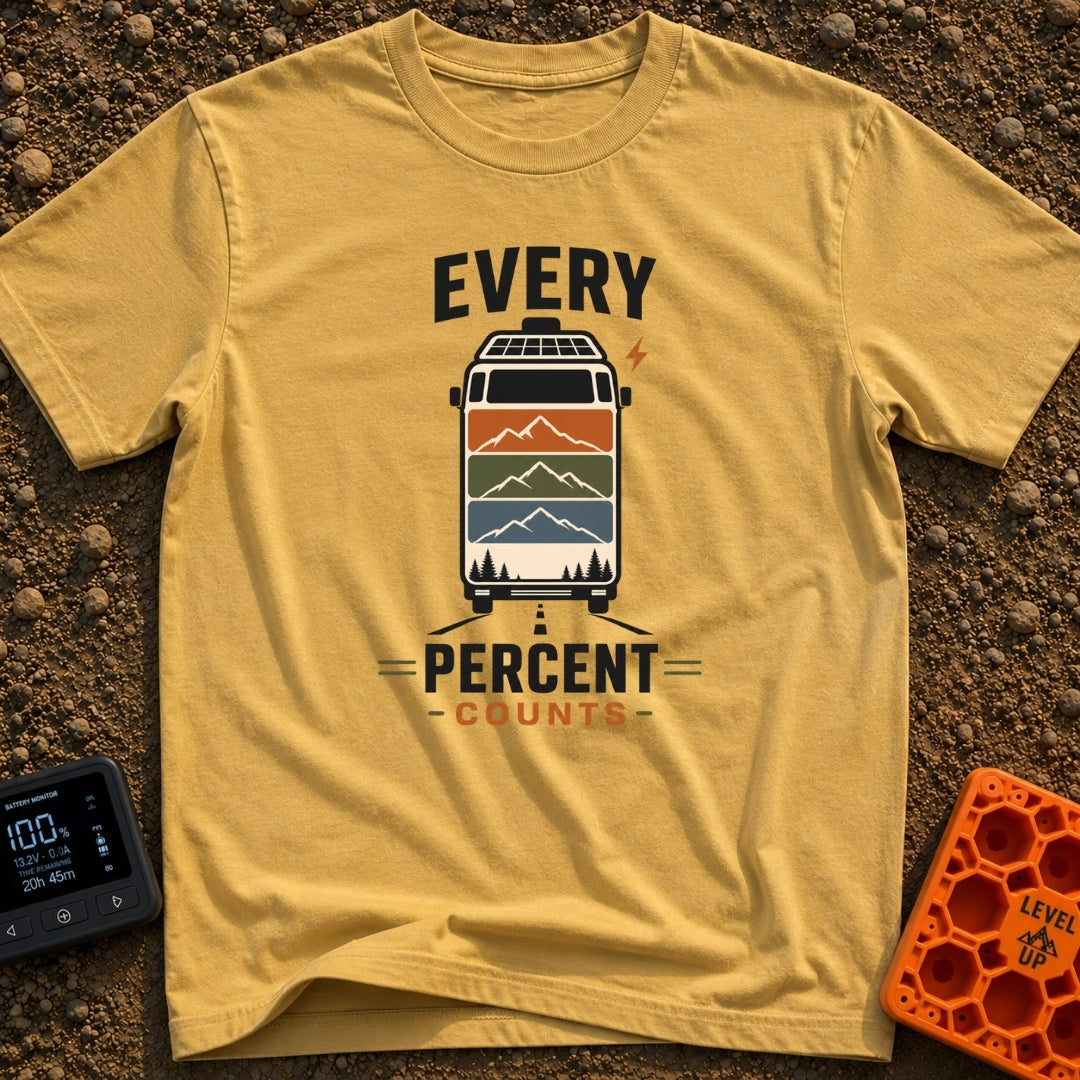 Every Watt Counts - T-Shirt in Mustard - A front-facing van driving down a road, featuring solar panels on the roof and a...
