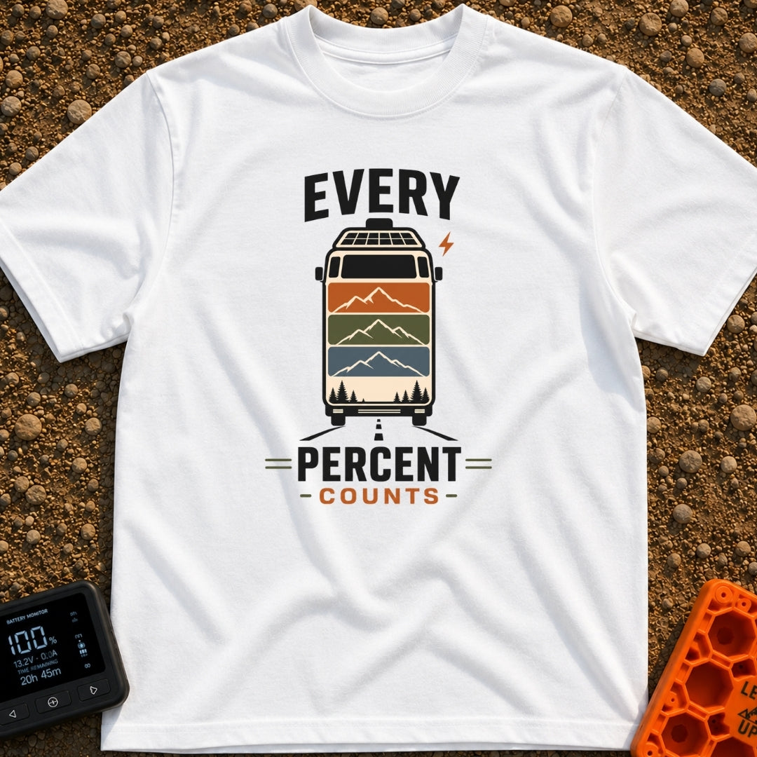 Every Watt Counts - T-Shirt in White - A front-facing van driving down a road, featuring solar panels on the roof and a...