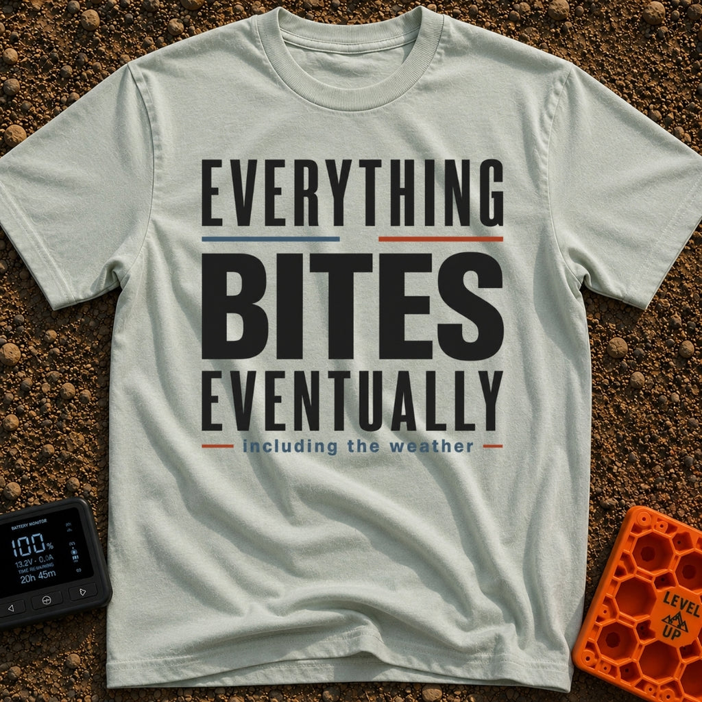 Eventually, It Bites - T-Shirt in Bay - A text-only design reading "EVERYTHING BITES EVENTUALLY" in bold black,...