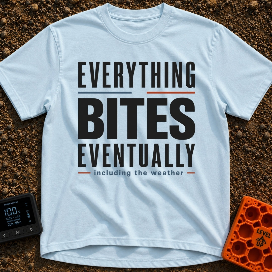 Eventually, It Bites - T-Shirt in Chambray - A text-only design reading "EVERYTHING BITES EVENTUALLY" in bold black,...