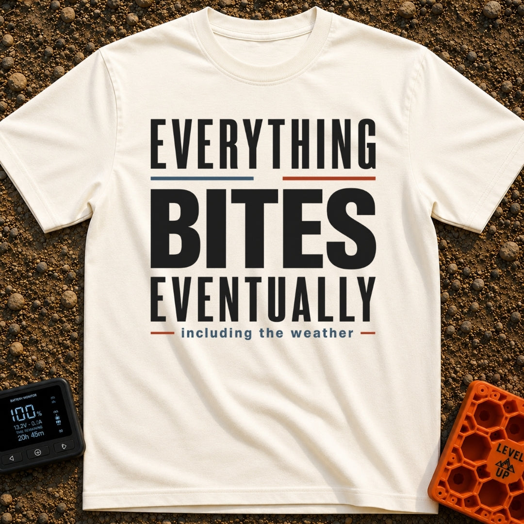 Eventually, It Bites - T-Shirt in Ivory - A text-only design reading "EVERYTHING BITES EVENTUALLY" in bold black,...