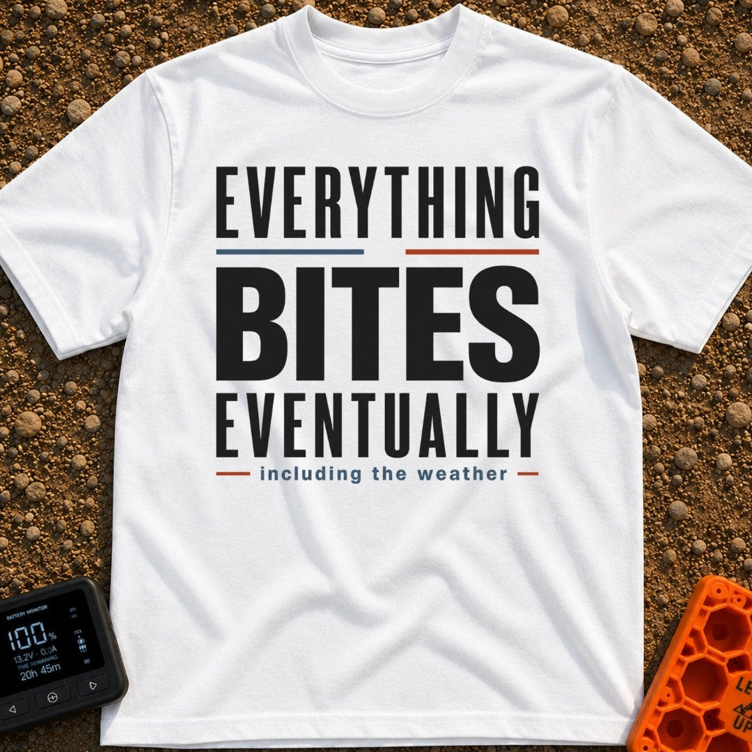Eventually, It Bites - T-Shirt in White - A text-only design reading "EVERYTHING BITES EVENTUALLY" in bold black,...