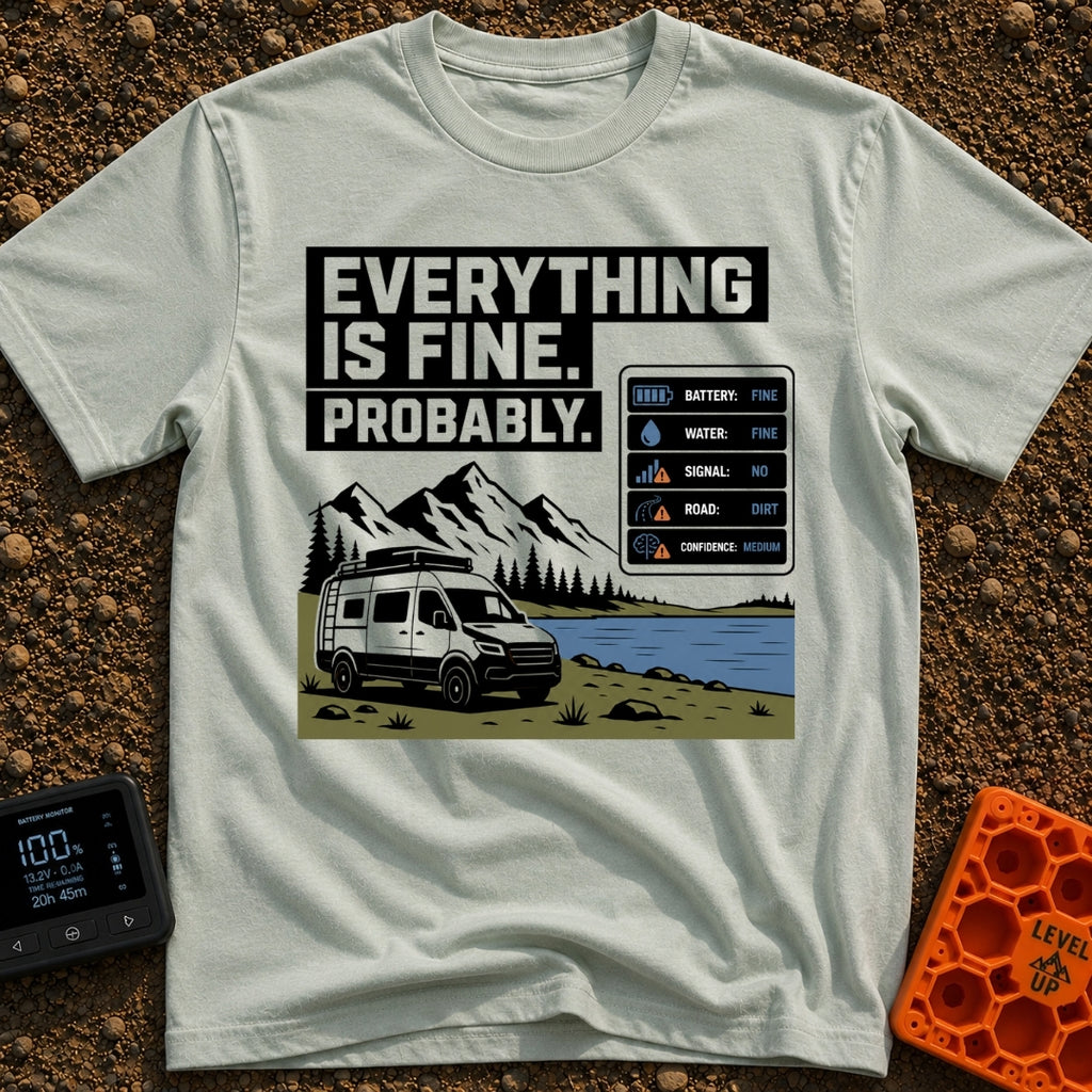 Everything Is Fine Probably - T-Shirt in Bay - A white camper van parked by a lake and mountains, featuring the text...