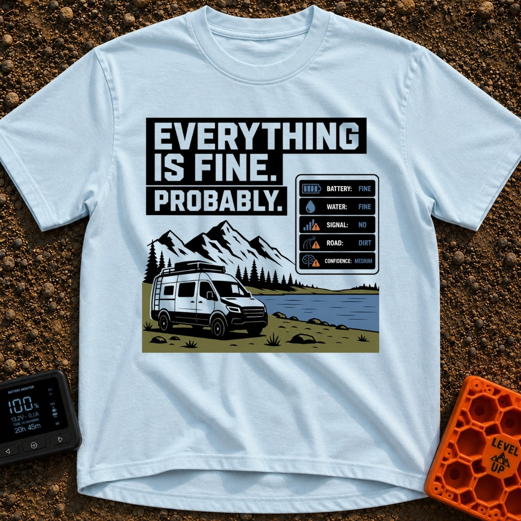 Everything Is Fine Probably - T-Shirt in Chambray - A white camper van parked by a lake and mountains, featuring the text...
