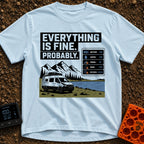 Everything Is Fine Probably - T-Shirt in Chambray - A white camper van parked by a lake and mountains, featuring the text...