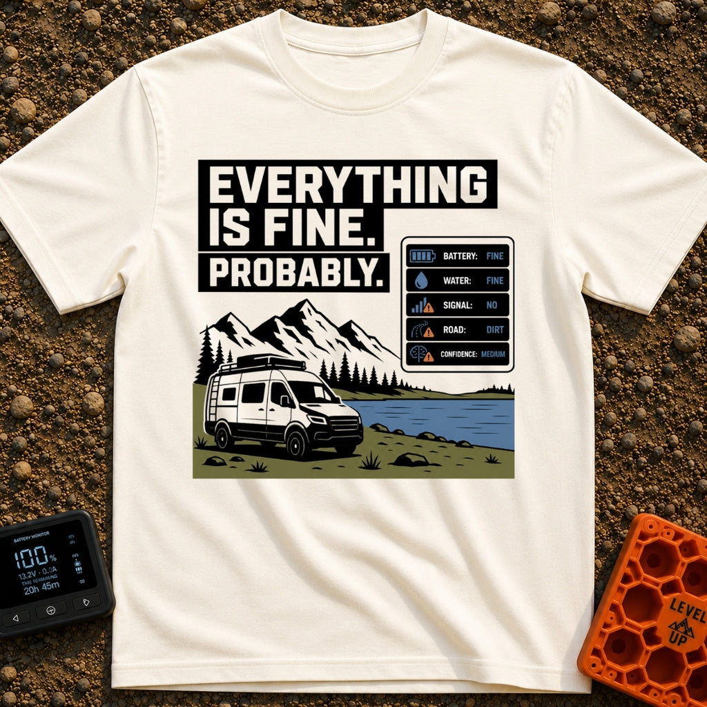 Everything Is Fine Probably - T-Shirt in Ivory - A white camper van parked by a lake and mountains, featuring the text...