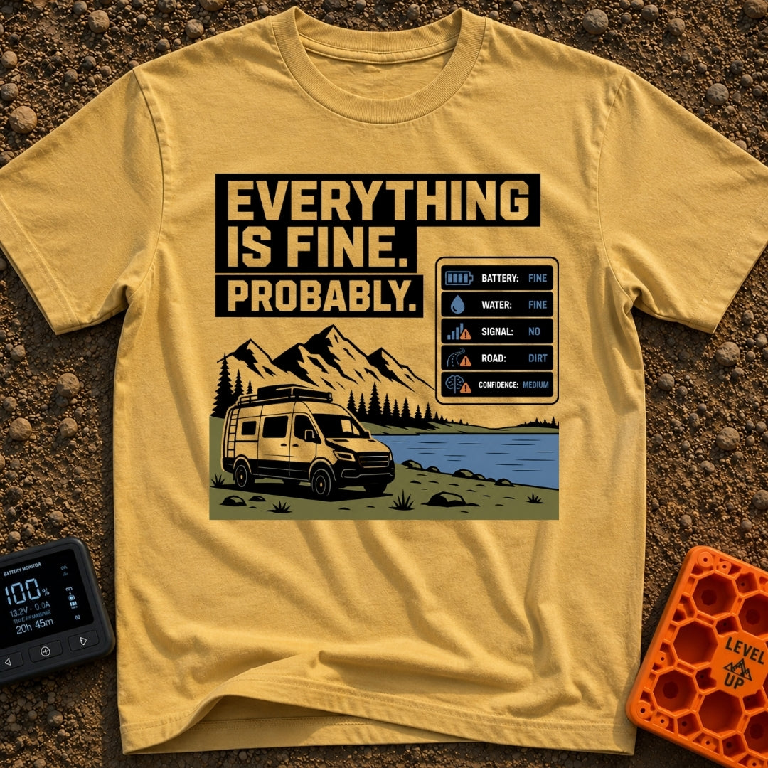 Everything Is Fine Probably - T-Shirt in Mustard - A white camper van parked by a lake and mountains, featuring the text...