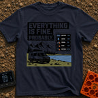 Everything Is Fine Probably - T-Shirt in Navy - A white camper van parked by a lake and mountains, featuring the text...