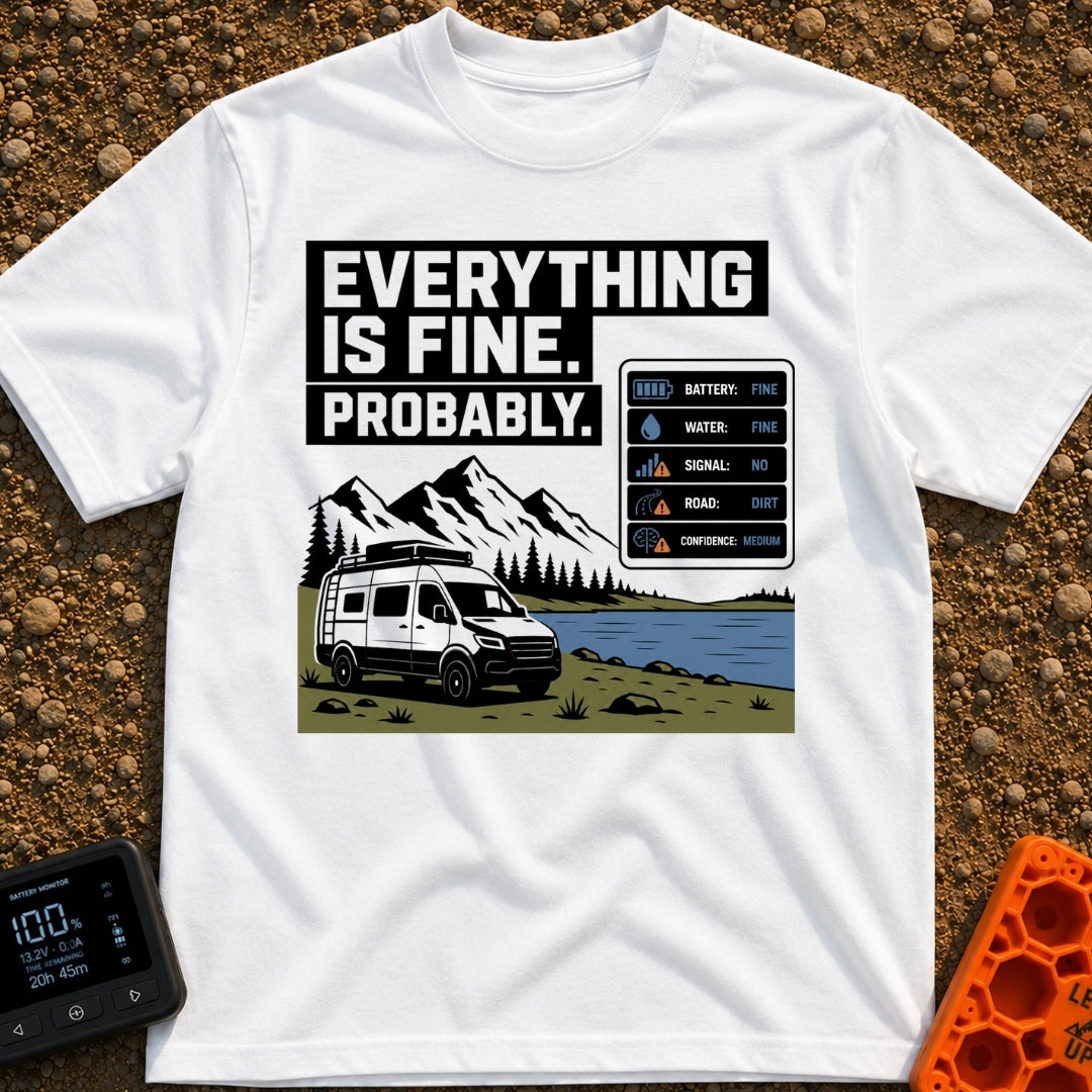 Everything Is Fine Probably - T-Shirt in White - A white camper van parked by a lake and mountains, featuring the text...