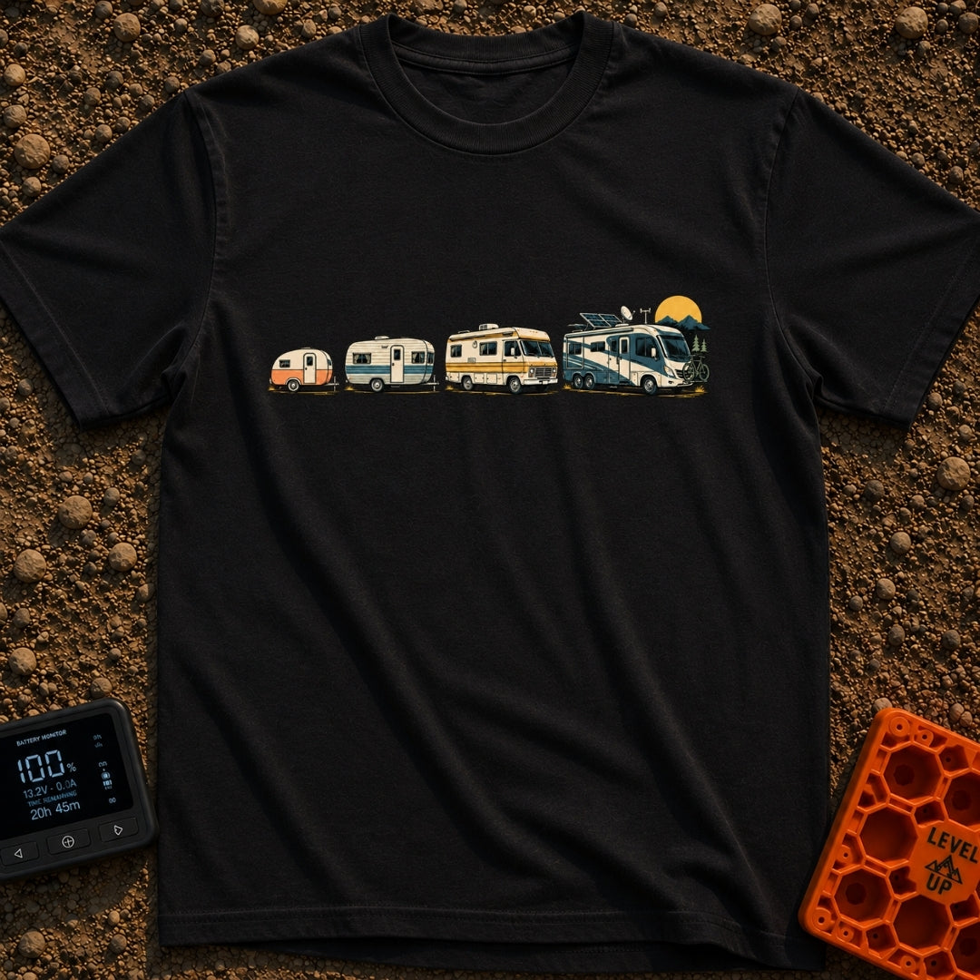 From Cave To Camper - T-Shirt in Black - An illustration of four recreational vehicles lined up from left to right...