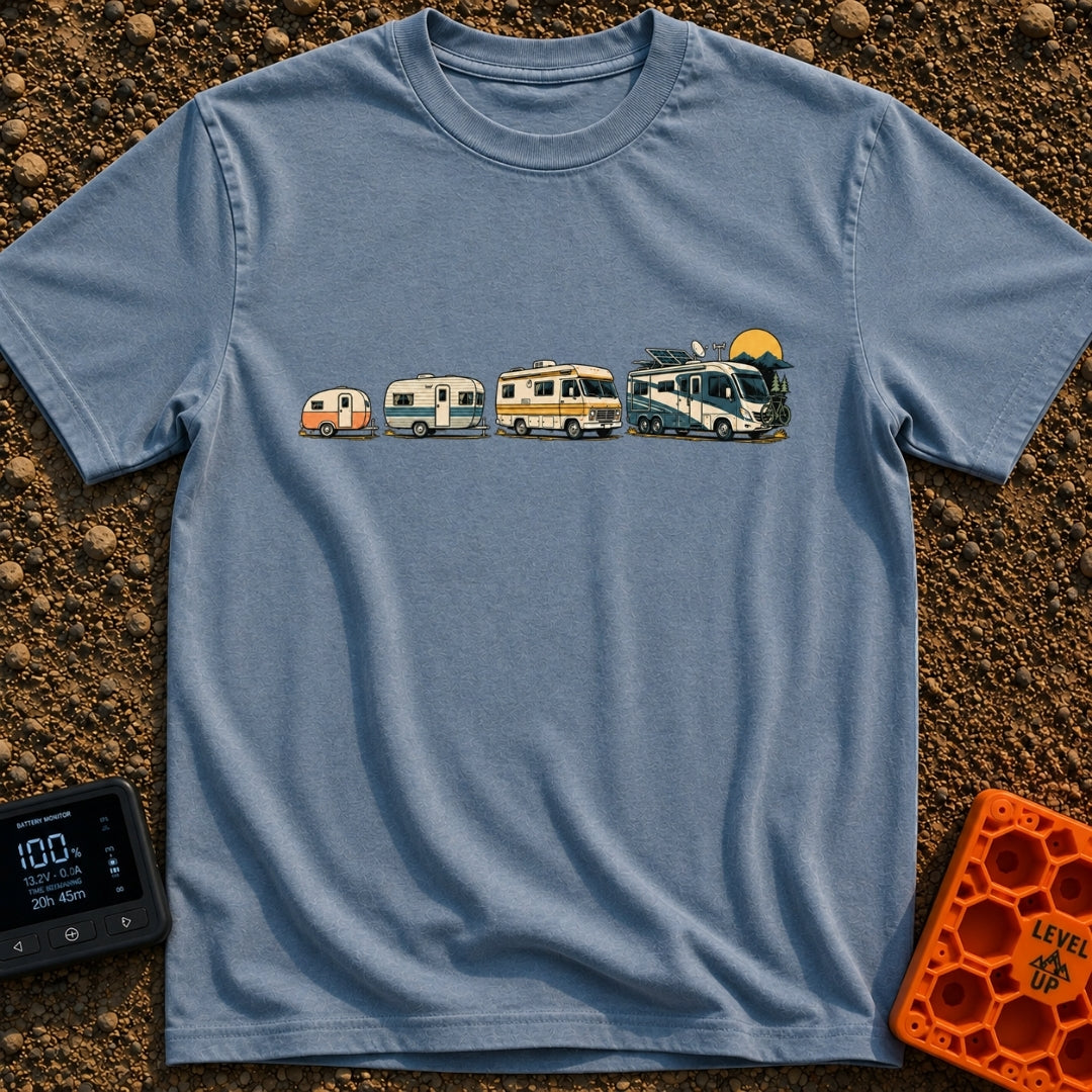 From Cave To Camper - T-Shirt in Blue Jean - An illustration of four recreational vehicles lined up from left to right...
