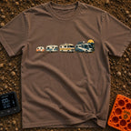 From Cave To Camper - T-Shirt in Espresso - An illustration of four recreational vehicles lined up from left to right...
