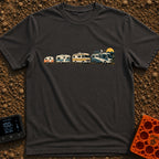 From Cave To Camper - T-Shirt in Graphite - An illustration of four recreational vehicles lined up from left to right...