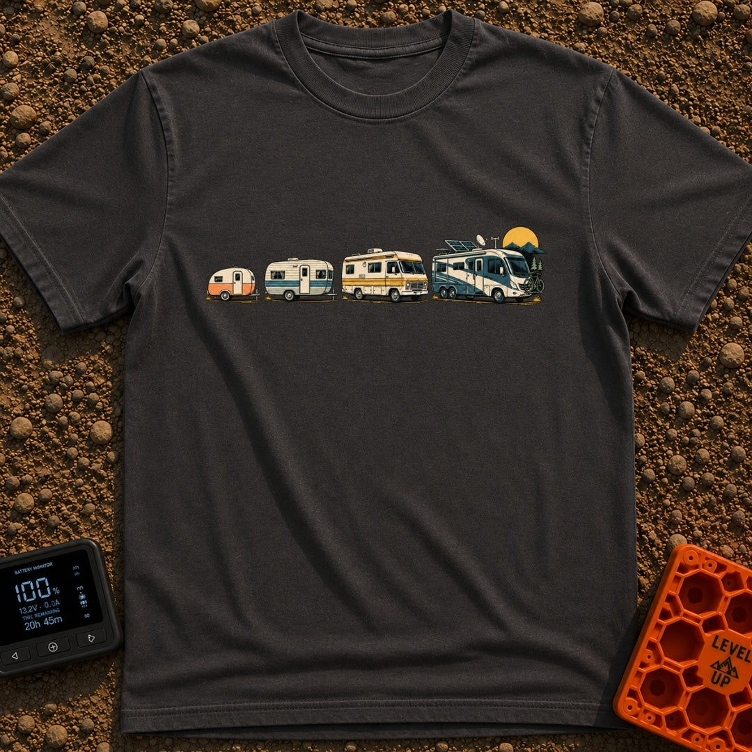 From Cave To Camper - T-Shirt in Graphite - An illustration of four recreational vehicles lined up from left to right...