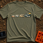 From Cave To Camper - T-Shirt in Moss - An illustration of four recreational vehicles lined up from left to right showing...
