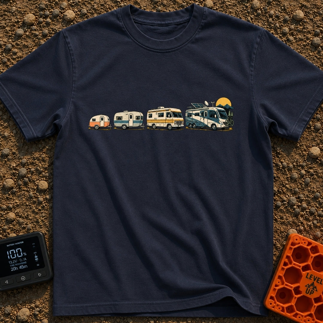 From Cave To Camper - T-Shirt in Navy - An illustration of four recreational vehicles lined up from left to right showing...