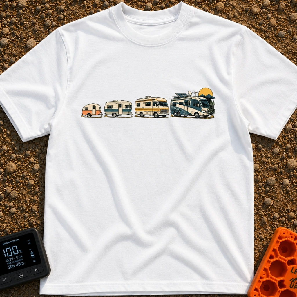 From Cave To Camper - T-Shirt in White - An illustration of four recreational vehicles lined up from left to right...