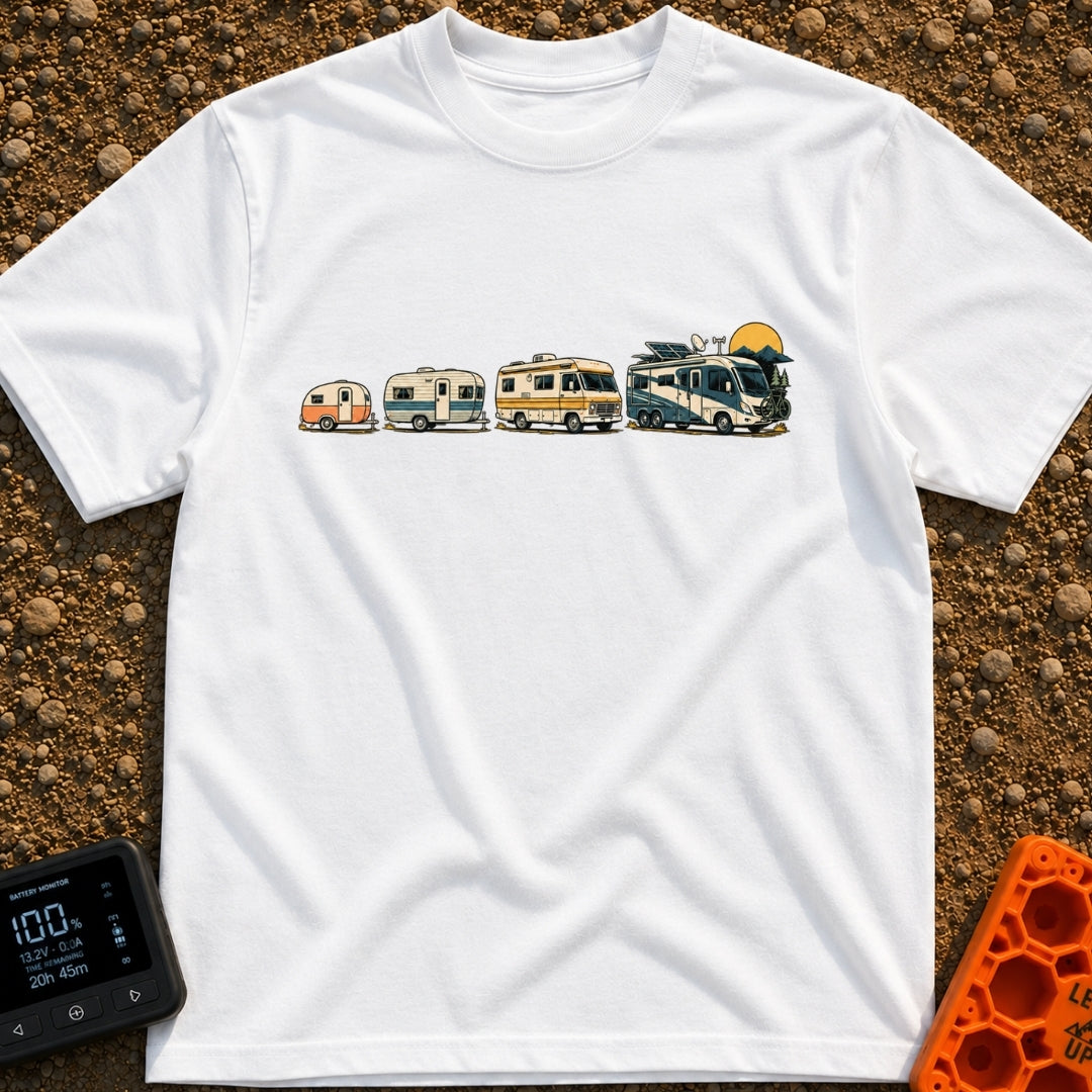 From Cave To Camper - T-Shirt in White - An illustration of four recreational vehicles lined up from left to right...