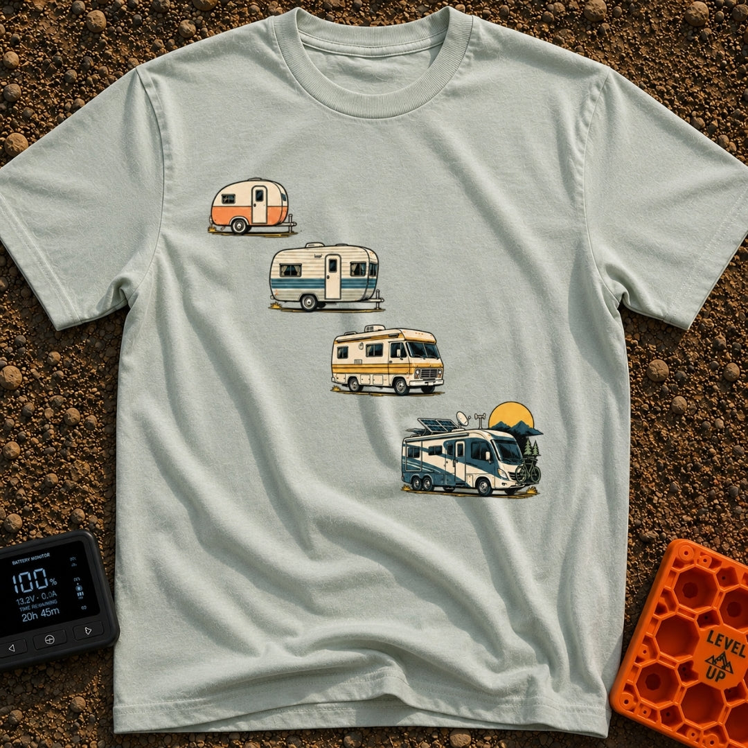 From Cave To Camper - T-Shirt in Bay - An illustration of four recreational vehicles arranged diagonally to show an...