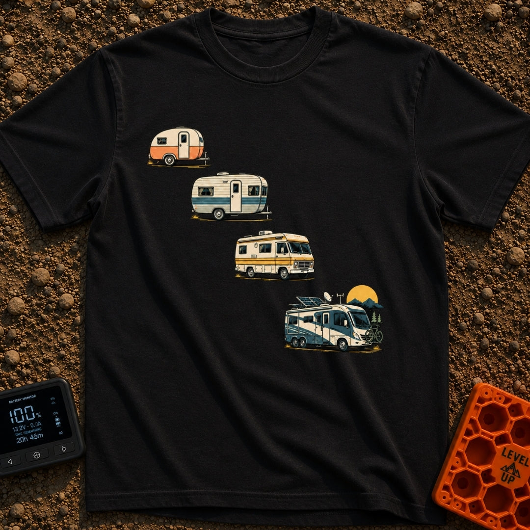 From Cave To Camper - T-Shirt in Black - An illustration of four recreational vehicles arranged diagonally to show an...