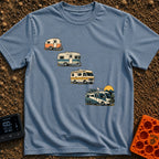 From Cave To Camper - T-Shirt in Blue Jean - An illustration of four recreational vehicles arranged diagonally to show an...