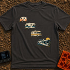 From Cave To Camper - T-Shirt in Graphite - An illustration of four recreational vehicles arranged diagonally to show an...