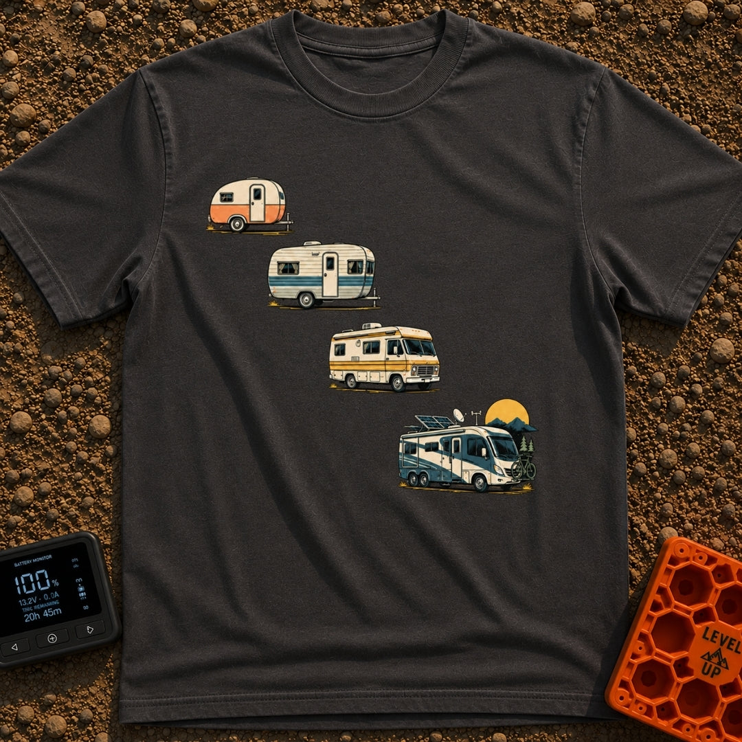 From Cave To Camper - T-Shirt in Graphite - An illustration of four recreational vehicles arranged diagonally to show an...