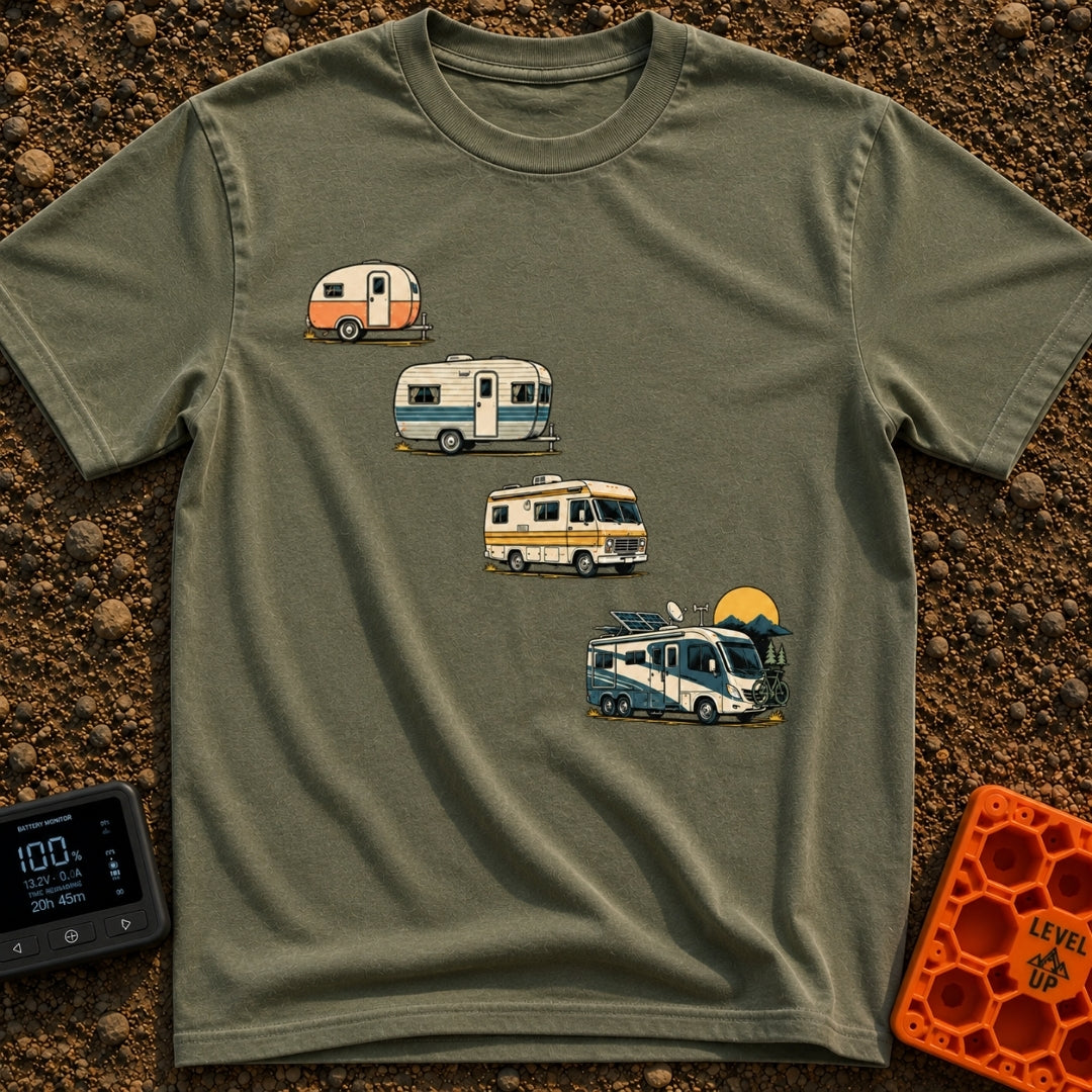 From Cave To Camper - T-Shirt in Moss - An illustration of four recreational vehicles arranged diagonally to show an...