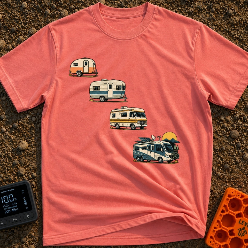 From Cave To Camper - T-Shirt in Watermelon - An illustration of four recreational vehicles arranged diagonally to show...