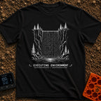 Debug the Falls - T-Shirt in Black - A black-and-white line drawing showing a waterfall flowing between rocky cliffs and...