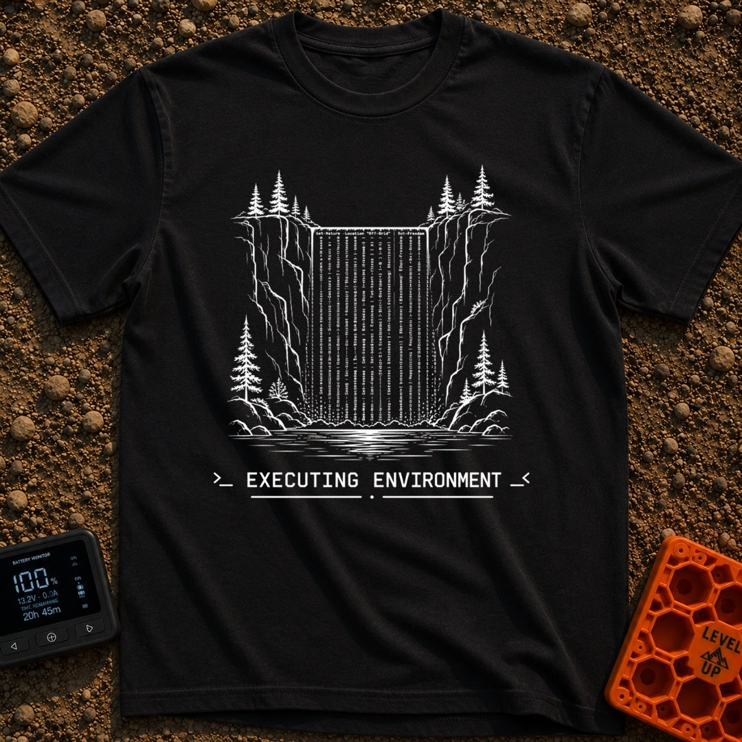 Debug the Falls - T-Shirt in Black - A black-and-white line drawing showing a waterfall flowing between rocky cliffs and...