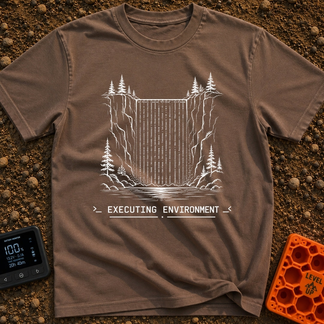Debug the Falls - T-Shirt in Espresso - A black-and-white line drawing showing a waterfall flowing between rocky cliffs...
