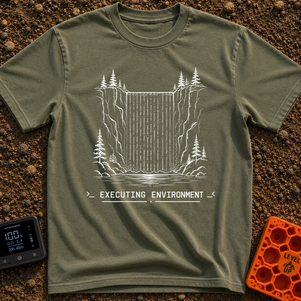 Debug the Falls - T-Shirt in Moss - A black-and-white line drawing showing a waterfall flowing between rocky cliffs and...