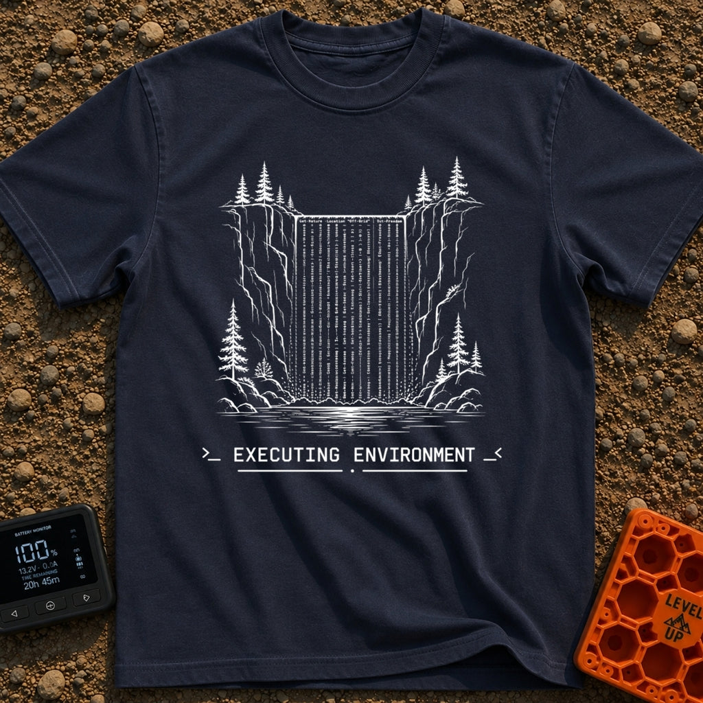 Debug the Falls - T-Shirt in Navy - A black-and-white line drawing showing a waterfall flowing between rocky cliffs and...