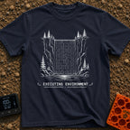 Debug the Falls - T-Shirt in Navy - A black-and-white line drawing showing a waterfall flowing between rocky cliffs and...