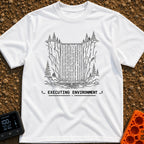 Debug the Falls - T-Shirt in White - A black-and-white line drawing showing a waterfall flowing between rocky cliffs and...
