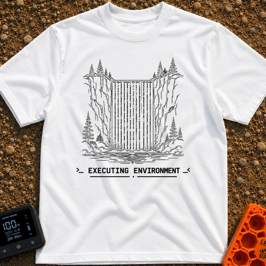 Debug the Falls - T-Shirt in White - A black-and-white line drawing showing a waterfall flowing between rocky cliffs and...