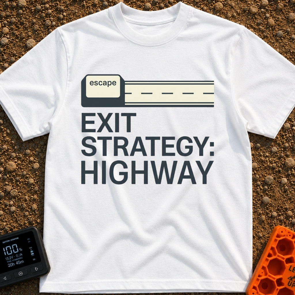 My Highway Exit Strategy - T-Shirt in White - A graphic showing a computer "escape" key extending out to the right to...