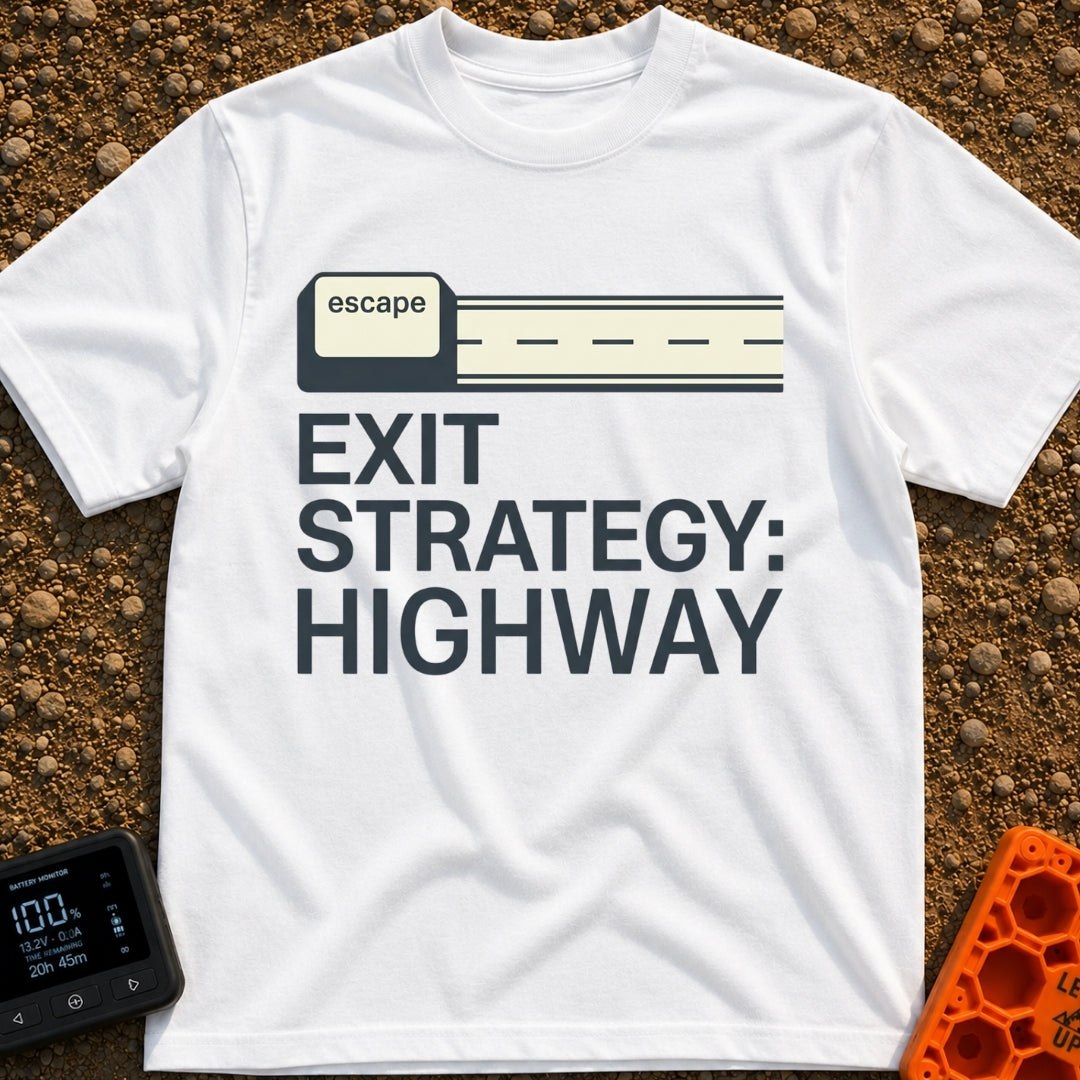 My Highway Exit Strategy - T-Shirt in White - A graphic showing a computer "escape" key extending out to the right to...