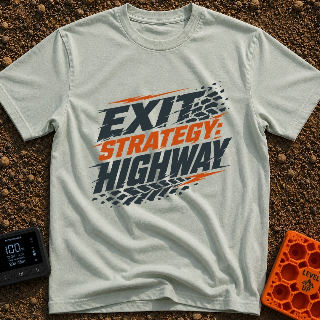 Highway Exit Strategy - T-Shirt in Bay - A typographic design featuring the text "EXIT STRATEGY: HIGHWAY" in bold,...
