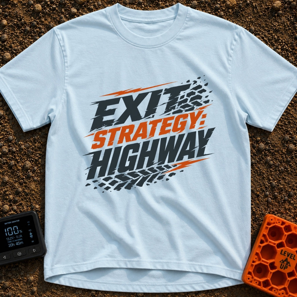 Highway Exit Strategy - T-Shirt in Chambray - A typographic design featuring the text "EXIT STRATEGY: HIGHWAY" in bold,...